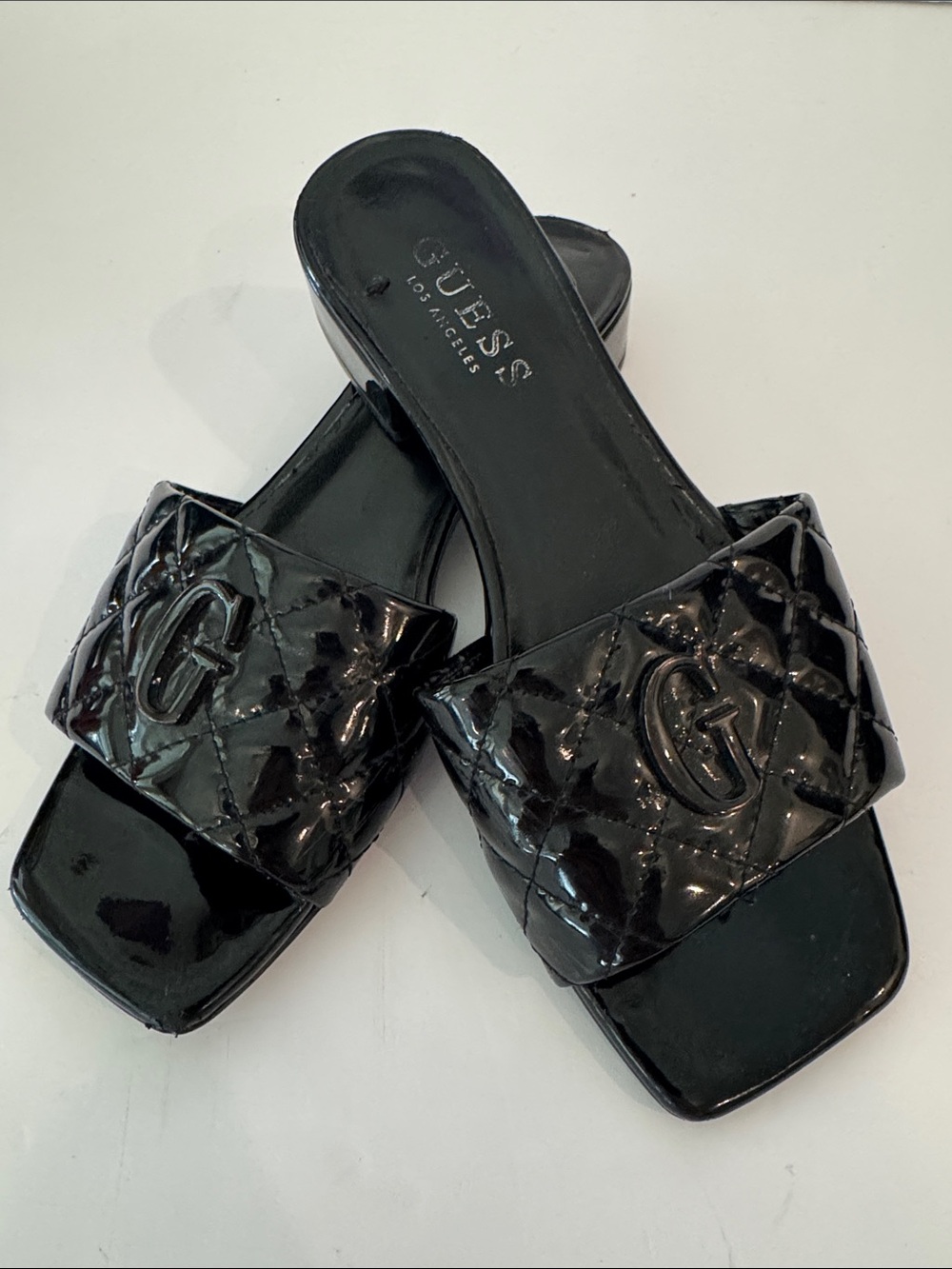 GUESS Black Quilted Patent Slide Mules with G Logo- size 6M